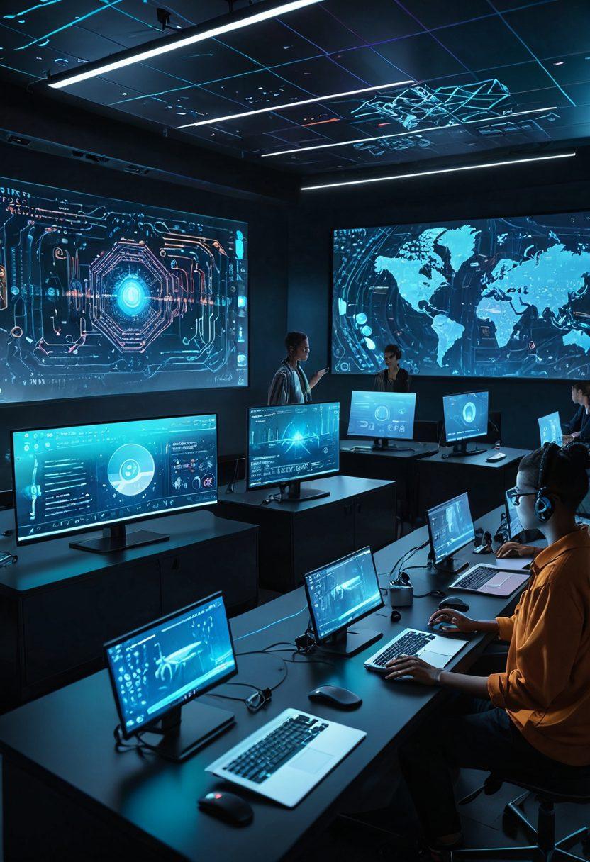 A futuristic classroom set in a digital landscape, with students in front of holographic screens, engaged in interactive tutorials. Diverse students are enthusiastic and focused, with virtual instructors guiding them through the screens. Include elements like binary code streams and floating educational icons. vibrant colors. cyberpunk.