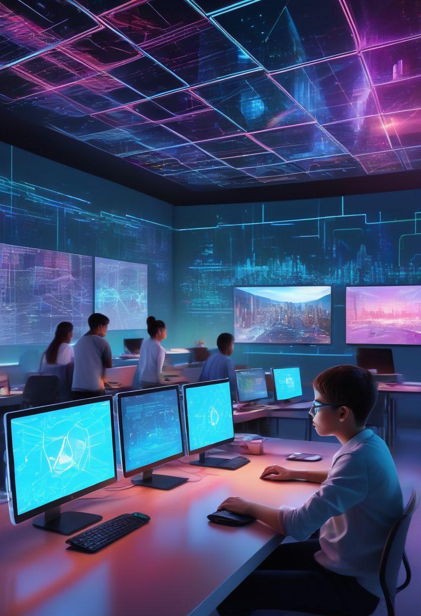 A futuristic classroom with holographic coding screens and diverse students collaborating on software projects. The background features digital cityscapes with interconnected nodes symbolizing web development. Vibrant color palette highlighting innovation and technology. Modern, sleek design with a touch of sci-fi. 3D digital art.