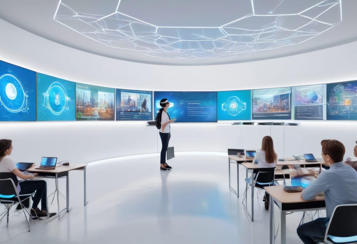 A futuristic classroom with students engaged in learning via holographic screens and VR headsets, surrounded by a digital library filled with e-books and online resources. Teachers are guiding remotely through video conferencing tools, with a backdrop of a global network symbolizing connectivity. super-realistic. vibrant colors. white background.